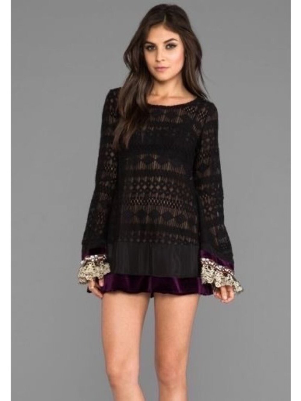 RARE Free People Black Lace Velvet Bell Sleeve Mini Dress Tunic| Whimsigoth Boho - Picture 14 of 16